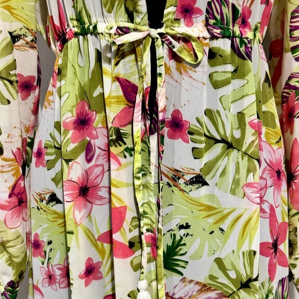 GOA Beachwear by Japna Drawstring Waist Floral Print Chiffon Coverup Robe‎ L